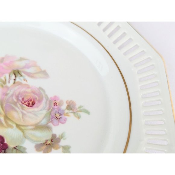 Vtg 1950s Porcelain Vanity Dish Octagon Gold Trim Lattice Reticulated Border - Picture 9 of 9